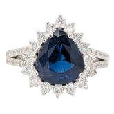 18K White Gold 3.51CT Blue Sapphire Pear Ring with Diamond Halo